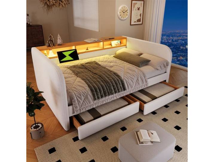 DRIPEX Lit de jour rembourré 140x190cm Canapé-lit avec LED et chargement USB-type C 2 tiroirs et tête de lit rangement Beige
