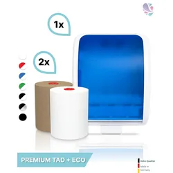Handtuchrollenspender Autocut, Blanc Cosmos verschied. Farben + 1 Rolle PREMIUM TAD + 1 Rolle ECO Natural - PRODUKTSET