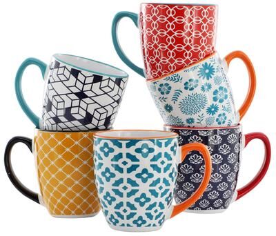 Elama Rory 6 Piece 16 Ounce Assorted Design Stoneware Mug Set in Assorted Colors