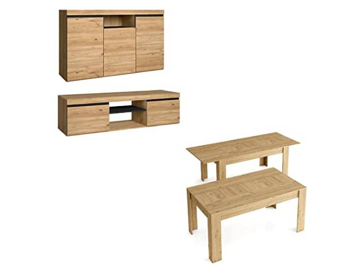 Skraut Home Ensemble Naturale Salle à Manger Meubles de Salle à Manger Buffet-Meuble TV 140cm-table Extensible Finition Couleur chêne/Noir