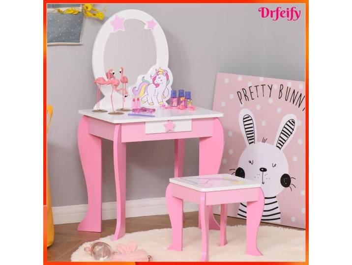 Coiffeuse enfant - AKOZON - Licorne - Rose & Blanc - MDF - Miroir ovale 49×34×90 cm