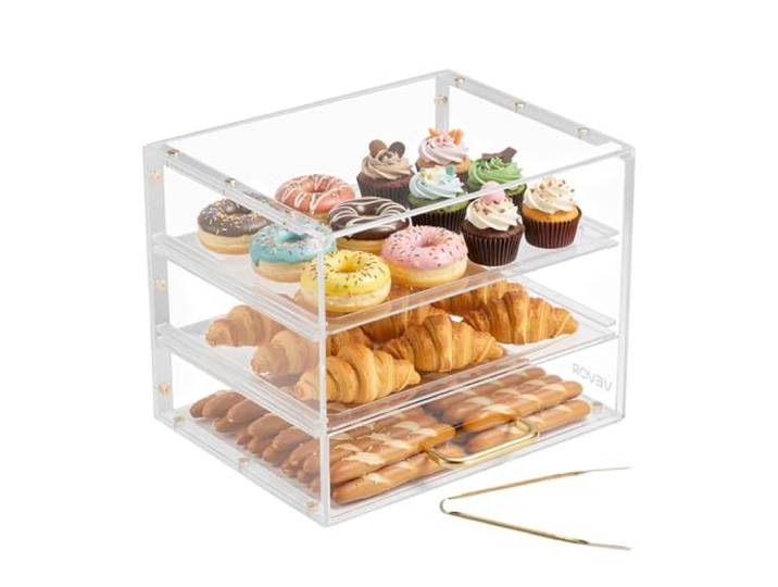 VEVOR Vitrine Comptoir de Boulangerie de 33x26x26 cm à 3 Niveaux\, Présentoir à Pâtisserie en Acrylique Transparent\, pour Présentation Biscuits Desserts Beignets Pains Gâteaux\, avec Porte Rabattable