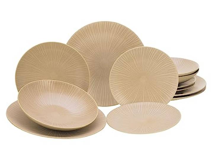 CreaTable\, 23920 Série Vesuvio Sand\, lot de 12 assiettes en grès\, passe au lave-vaisselle et au micro-ondes\, fabriqué au Portugal
