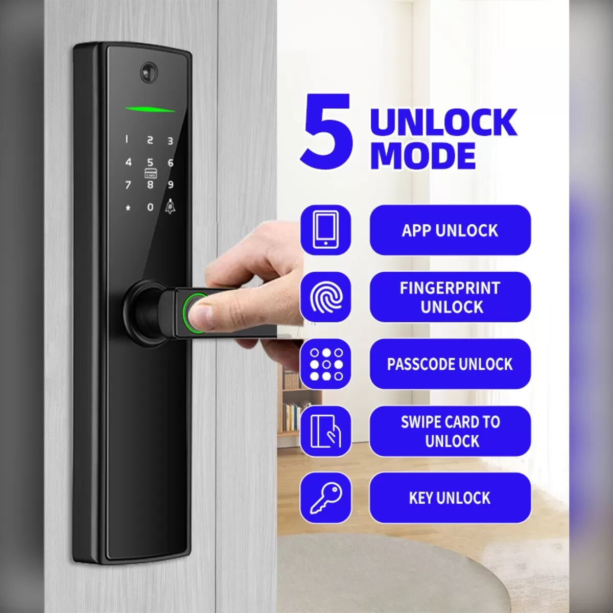 INF Tuya WiFi Smart Türschloss mit Guckloch, Fingerabdruck, Passwort und Schlüssel für Holztüren