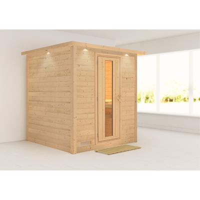 Sauna KARIBU "Menja", beige (naturbelassen), ohne Ofen, (ohne Ofen), Saunen, ohne Ofen