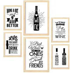 POSTER Set Mit 6 Wein Vollfarbige Illustrationen Von Kaffee & Getränken Im Werbetafel Illustrationen Für & Heim A3 & A4 Rahmen Aus Hellem Holz