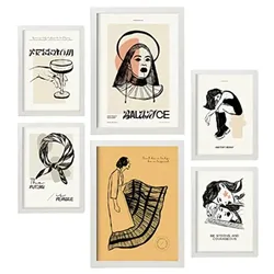 POSTER Set Mit 6 In Schwarzer Tinte Tapfer Kunstdrucke Im Skizzenstil Für Innenarchitektur A3 & A4 Weißer Rahmen