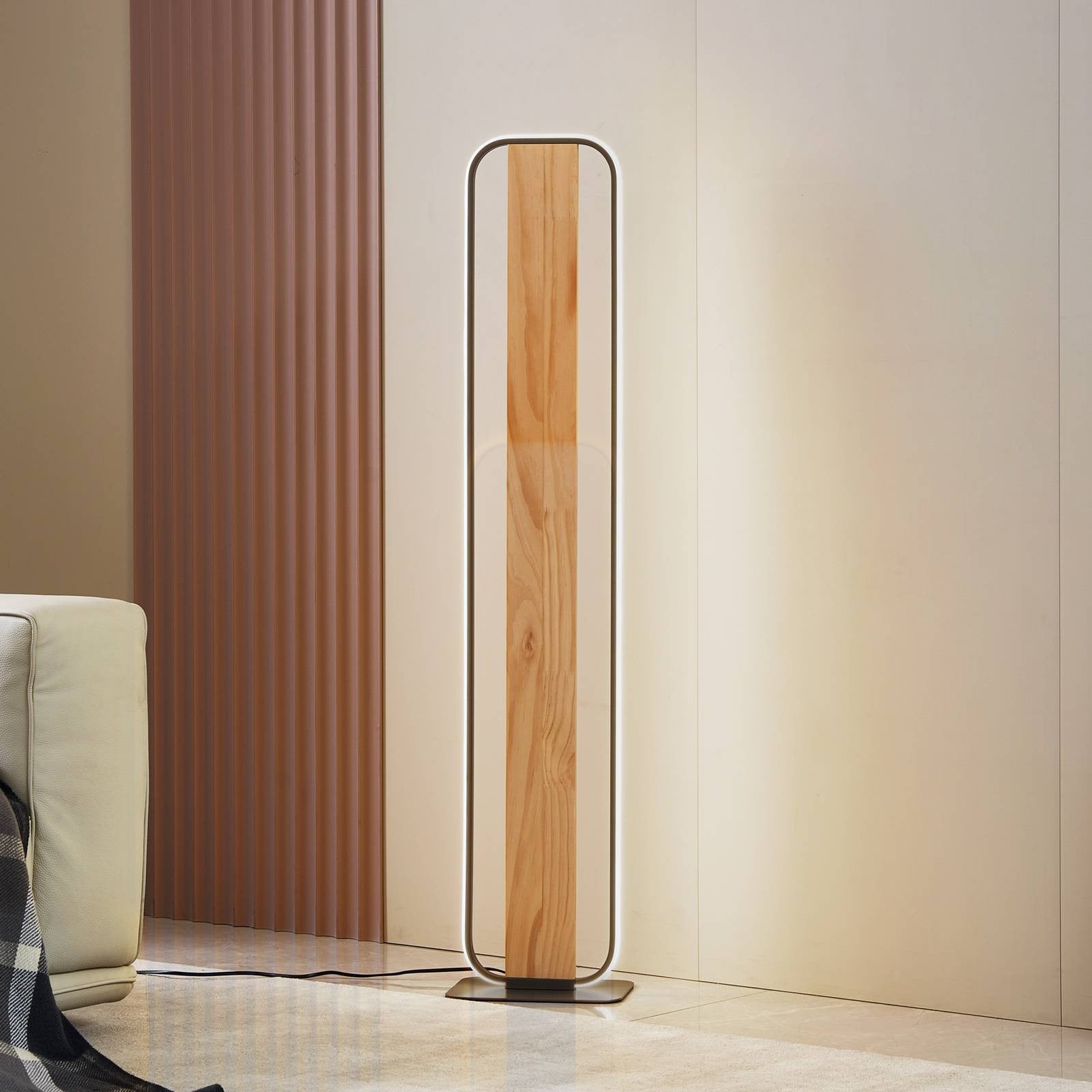 Lindby LED-vloerlamp Landelijk Grijs en Hout voor Woon- en Eetkamer
