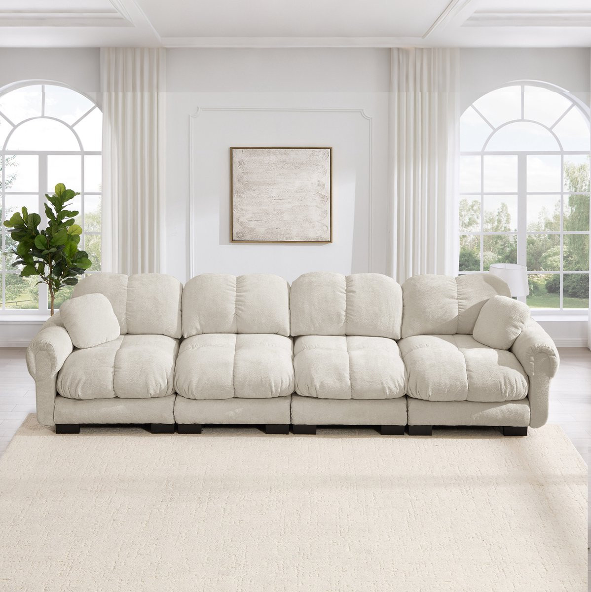 MODFU Modulaire Zitbank met Gestikt Patroon en Chenille - Licht Khaki - Breedte: 330 cm