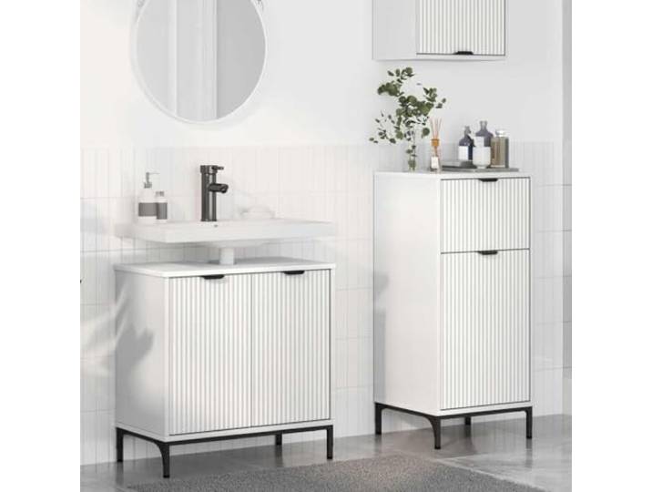 pokgdf Badezimmermoebel-Set 2 STK. Weiss Sperrholz und Metall Schrank Feuchtigkeitsbestaendig, Holzwerkstoff, schwarze Beine, Schubladen, moderne Optik, kompakte Form