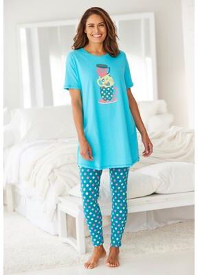 Plus Size Women's Graphic Tunic PJ Set by Dreams & Co. in Caribbean Blue Multi Dot (Size 18/20) Pajamas