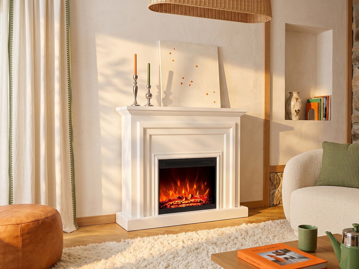 Unique Chimenea eléctrica de suelo con manto - L. 120 x Pr. 33 x Alt. 101,5 cm - Blanco - OTANI