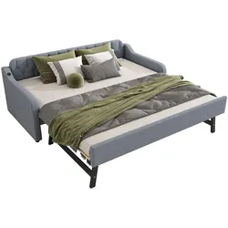 STILVORA Schlafsofa 90x200 mit ausziehbarem Rollbett, Tagesbett mit USB-Anschluss, platzsparendes Gästebett, Polsterbett aus Leinen MDF, modernes Design, Grau