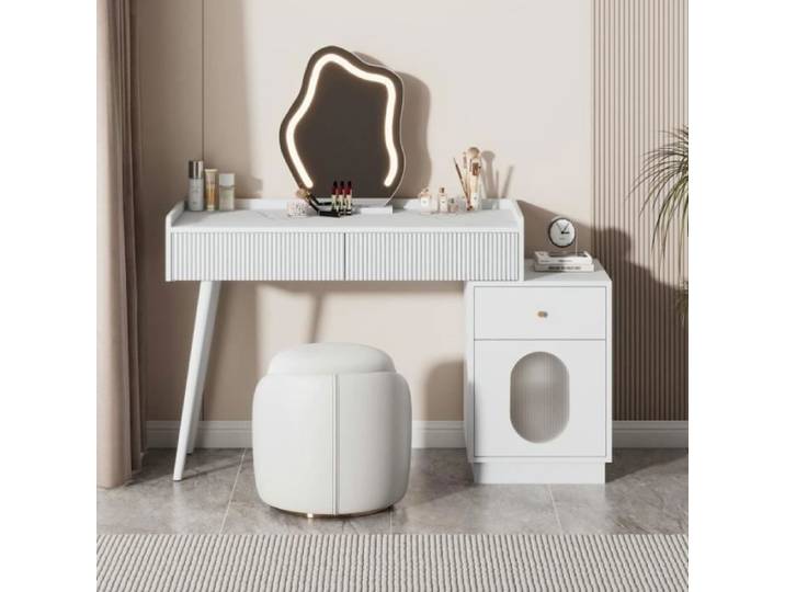 Coiffeuse - Blanc ondulé - Miroir LED tactile 3 niveaux - 3 tiroirs + armoire latérale - 100x40x75 cm