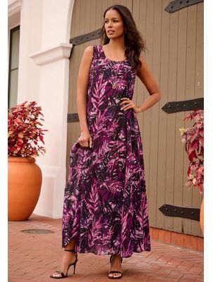 Plus Size Women's Hand-Crinkled Sleeveless Dress by Roaman's in Purple Tropical Leaves (Size 18/20)