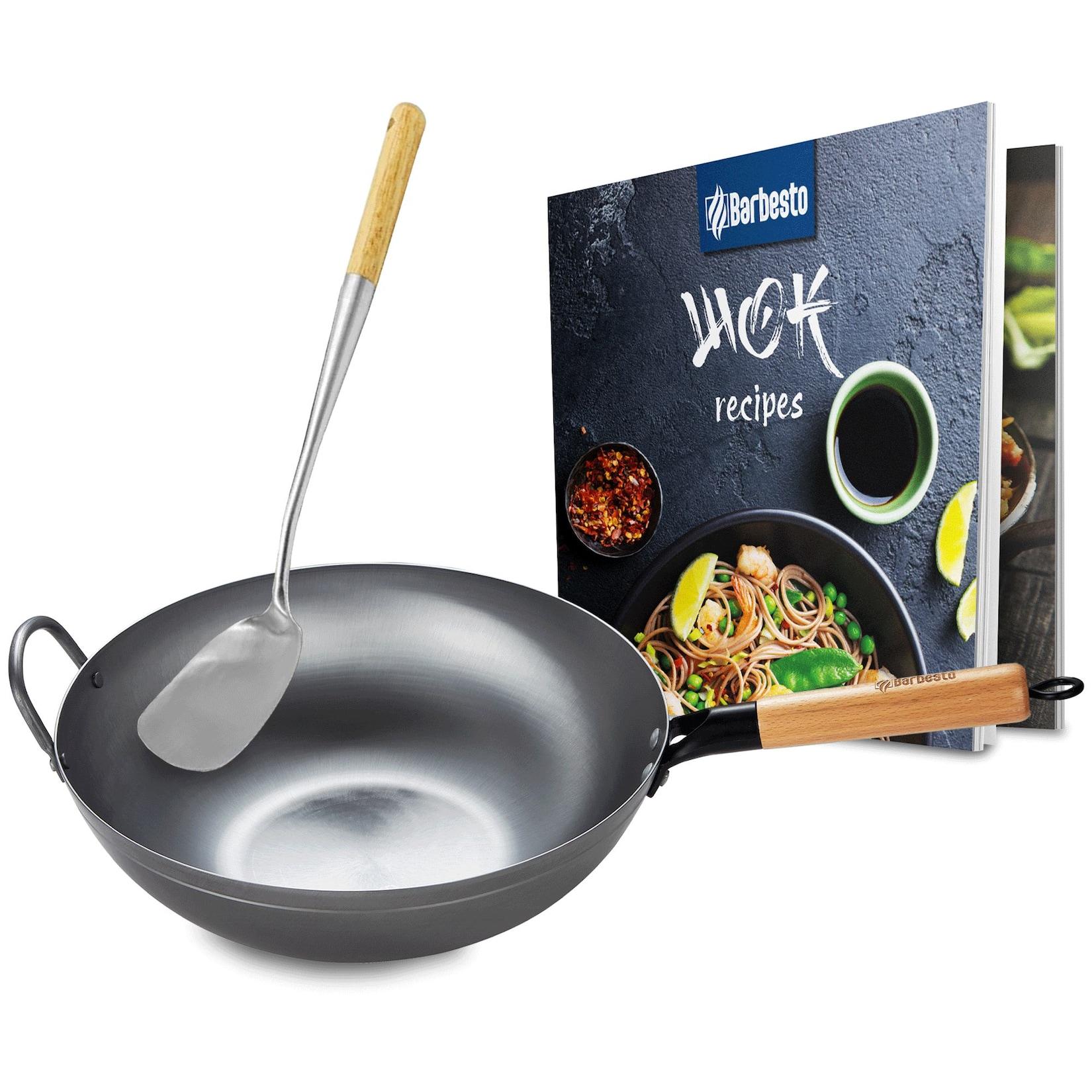 CLP Wok-Set aus Karbonstahl I Flacher oder runder Boden für Gas, Induktion und Grill I Wokpfanne mit Holzgriff, Rezeptbuch & Wokwender