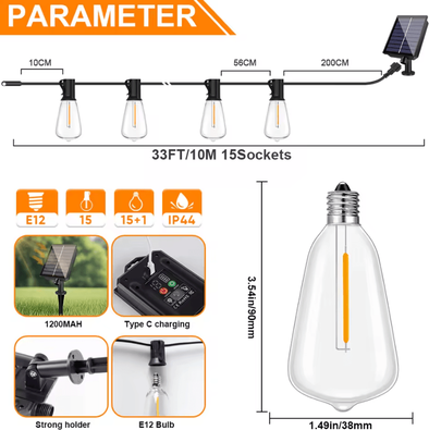 Inspire Curations ST38 Solar Bistro String Lights Dimmable Shatterproof Outdoor Lights With Remote 10m(33ft) 15bulb 1w 24v