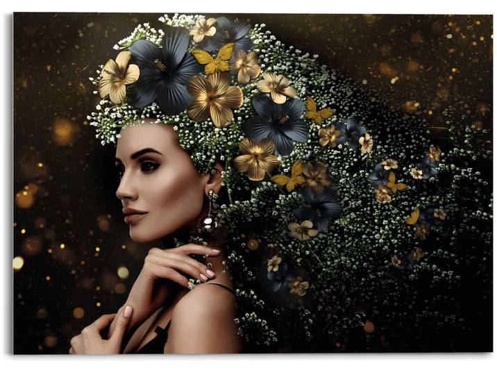 Glasbild REINDERS Glasbild Elegante Frau Blumen - Festlich - Schmetterling - Eleganz , gold (farbe bild(er): goldfarben), B:70cm H:50cm, Acrylglas, Bilder, Glasbild