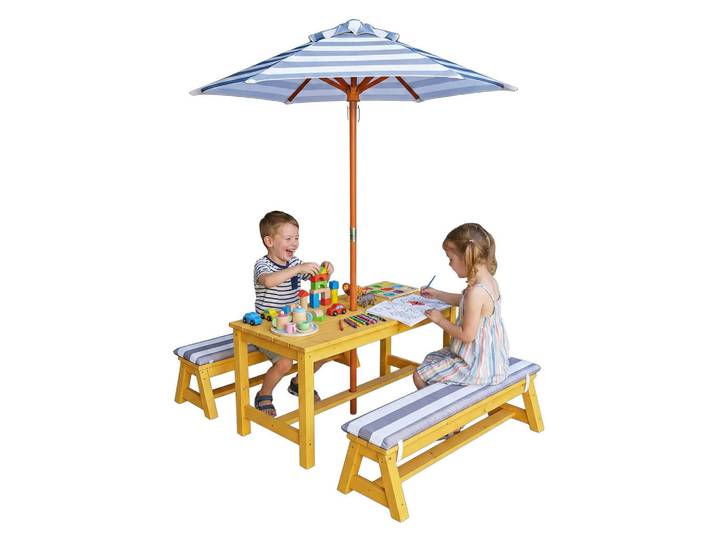 Relaxdays Kindersitzgruppe Orange mit Sonnenschirm, Hellbraun, Holz, Textil, Freizeit & Co, Outdoor-Spielzeug, Spielhaus