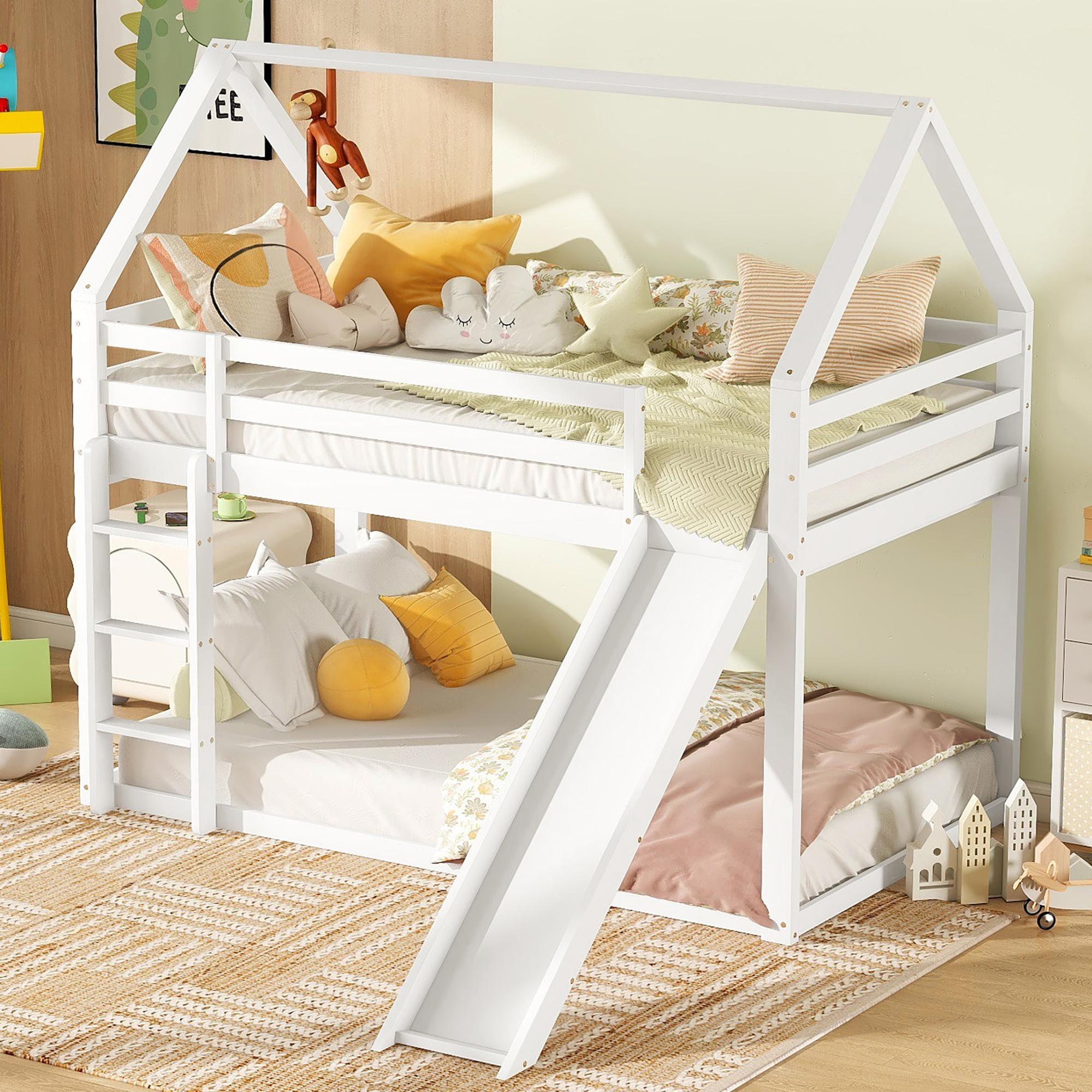 Flieks Etagenbett 90x200cm mit Rutsche, Kinderbett Hausbett mit Rausfallschutz, Hochbett mit Leiter, Holzbett Einzelbett, Weiß