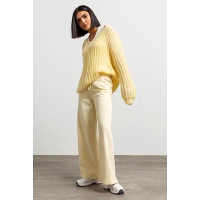 Weite Jeans SENSES.THE LABEL, Damen, Gr. XL, beige (buttergelb), Denim/Jeans, Material: 83% Baumwolle, 17% Hanf, unifarben, weit, Jeans, mit Elastikbund