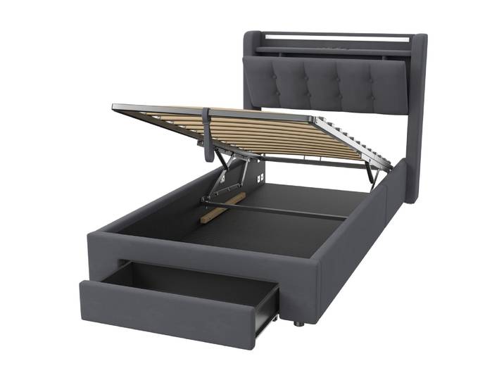 Lit enfant capitonné en velours polyester avec led et usb 90x190 cm