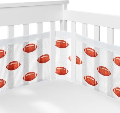 Sweet Jojo Designs + BreathableBaby Breathable Mesh Crib Liner Brown White Football Boy for Vintage Sport Themed