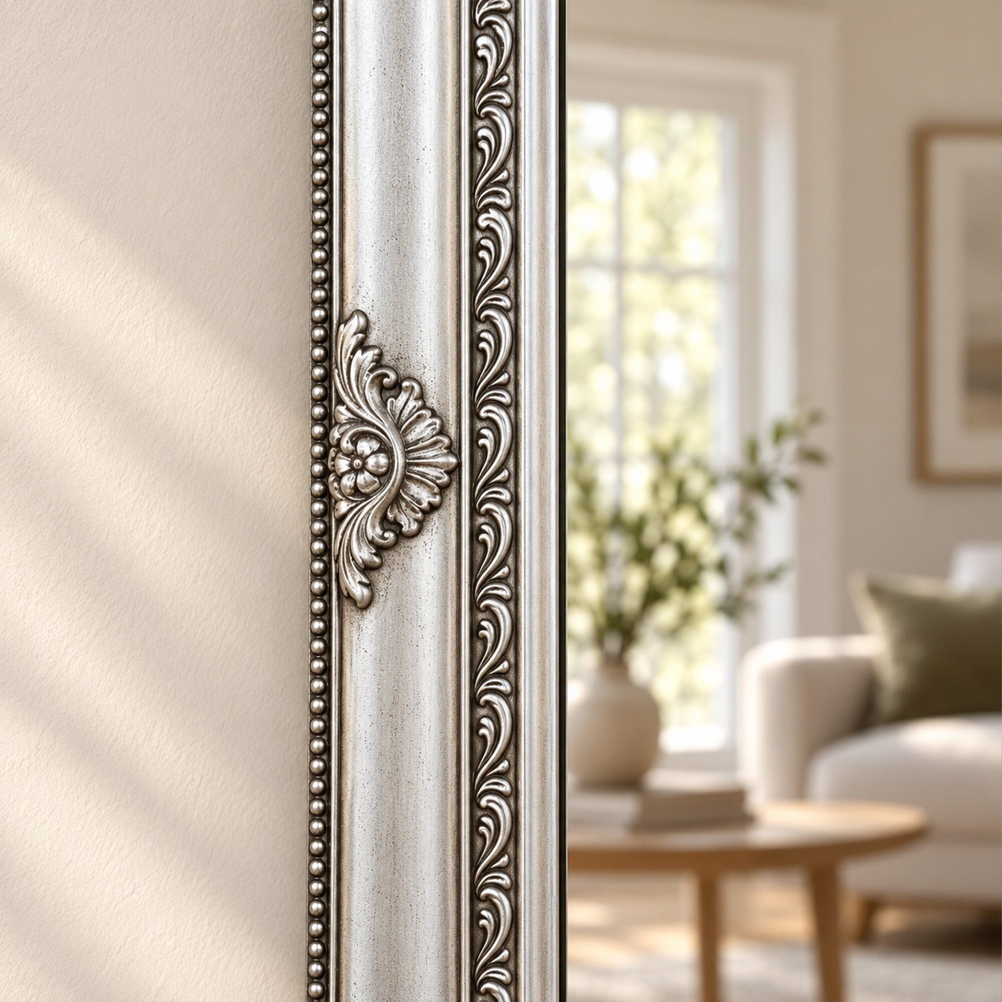 Tall Silver Ornate Mirror 47cm x 142cm Glass, Wood, Resin