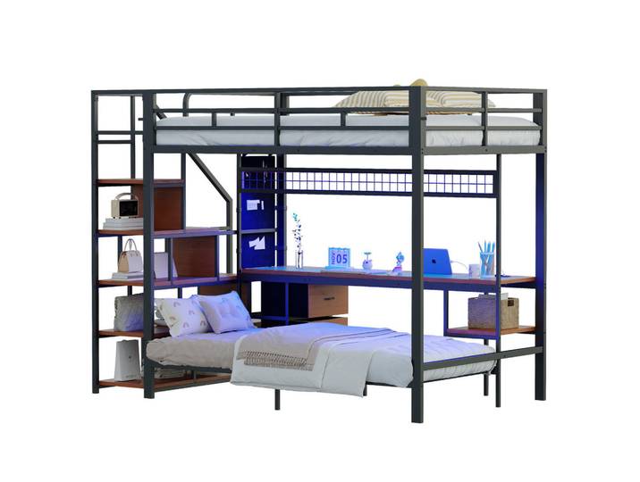 Redom Hochbett 140/200 & 90/200 cm mit Schreibtisch, Led, Steckdosen und Stauraum, Schwarz, Metall, 140x200 cm, Babymöbel & Kindermöbel, Kinderzimmer & Jugendzimmer, Kinderbetten, Hochbetten