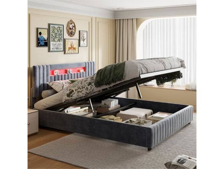 Lit coffre - Noname - 160x200cm - Tête de lit LED - Tissu velours gris - 2 places