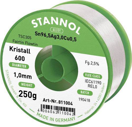 Stannol Kristall 600 Fairtin Lötzinn, bleifrei bleifrei Sn96,5Ag3Cu0,5 REL0 250g 1mm