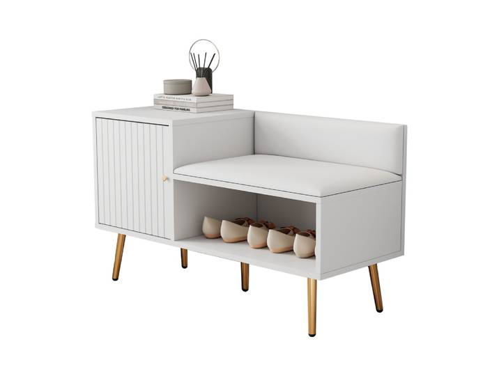 Meuble chaussures blanc, assise coussin, porte rangement