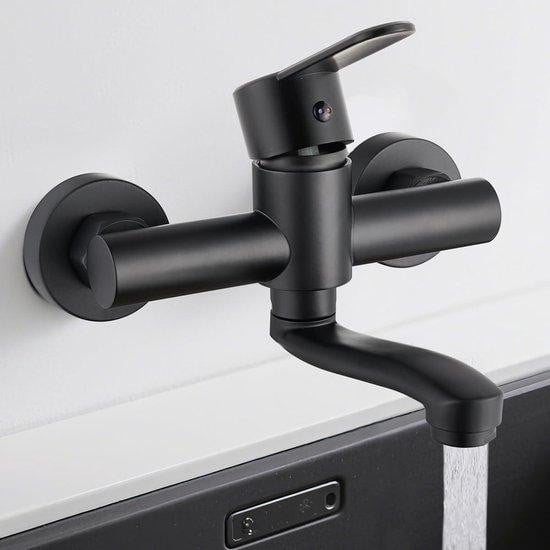 Mat Zwarte Keuken Wandkraan met 360 Graden Draaibare Zwenkarm van 15 cm