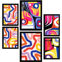 POSTER Set Mit 6 Lebendige Formen In Farbenfrohe Zusammenfassungen A3 & A4 Schwarzer Rahmen
