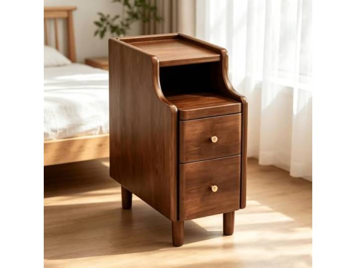 kumamart Schmaler Nachtschrank mit 2 Schubladen Nachttisch Massivholz Massivholz Nachttisch mit 2 Schubladen auf Metallschienen und offenem Regalfach.(Walnut,11.81in)