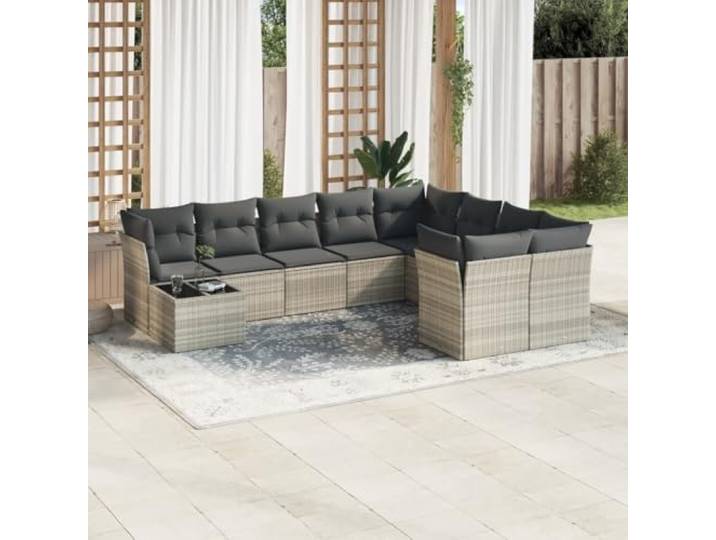 ZQQLVOO 10-TLG. Poly Rattan Sofagarnitur Hellgrau Mit Kissen Modulares Design, Abnehmbarer Waschbarer Bezug, Tischplatte Aus Hartglas, Witterungsbeständig
