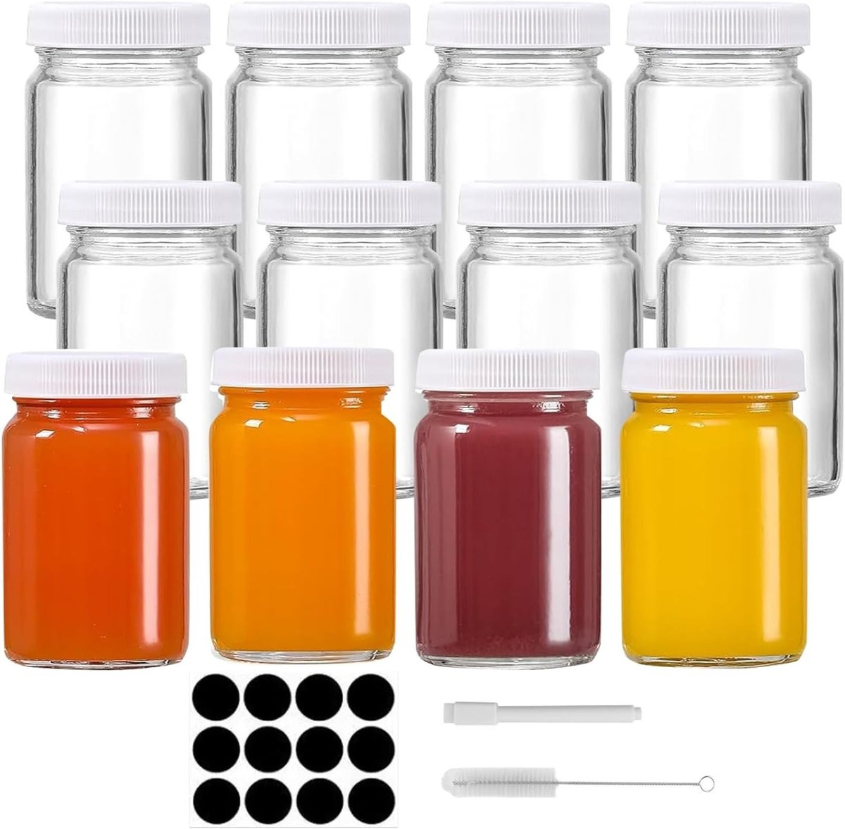Set van 12 herbruikbare mini glazen flessen van 60 ml met deksel en etiket voor smoothies, sauzen en opslag