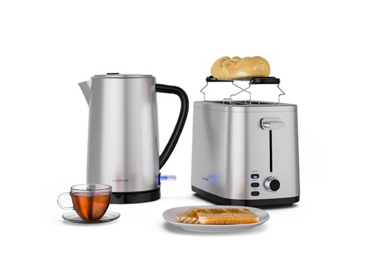 Klarstein Verosteel Toaster Wasserkocher Set - Edelstahl, 2 Scheiben Toaster mit 7 Bräunungsstufen & Brötchenaufsatz, 1,7L Wasserkocher mit Kalkfilter, Frühstücksset