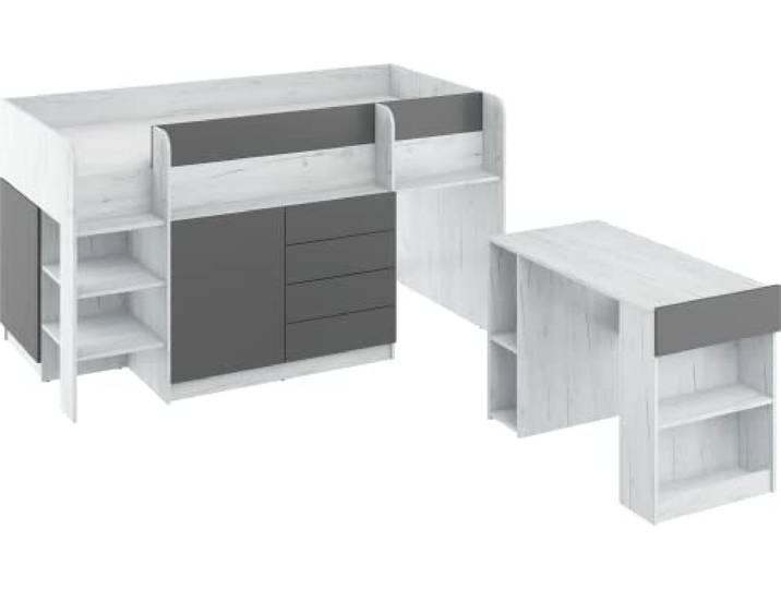 FurnitureByJDM Hochbett mit Schreibtisch, Schubladen & Bücherregal Platzsparendes Kinderbett 90x200 cm Matratzengröße – Linksseitige Treppe – SMILE (Craft Weiß/Graphit)