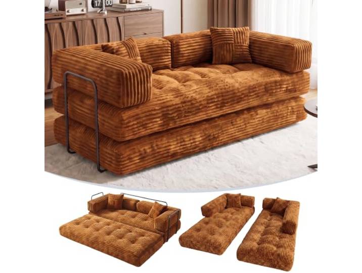 NOVOYO Schlafsofa ohne Knochen, 5-in-1 Schlafcouch mit hochdichtem Schaumstoff, Keine Montage Cord-Schlafsofa, klappbares Ausziehbett für Wohnzimmer, Schlafzimmer & Wohnung