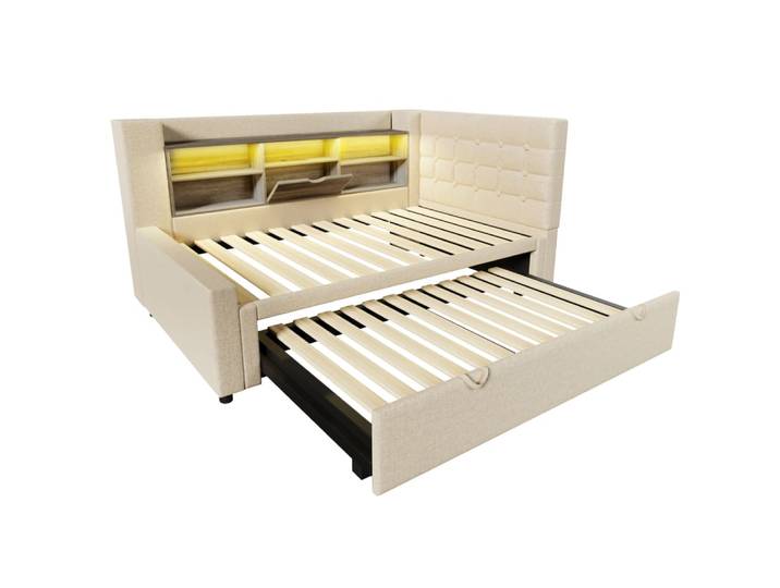 Lit rembourré en polyester beige 90 x 200 cm avec lit gigogne et led