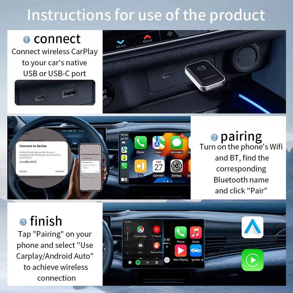 INF J10 2-in-1 Kabelloser CarPlay und Android Auto Adapter - USB Dongle für 98% der Autos