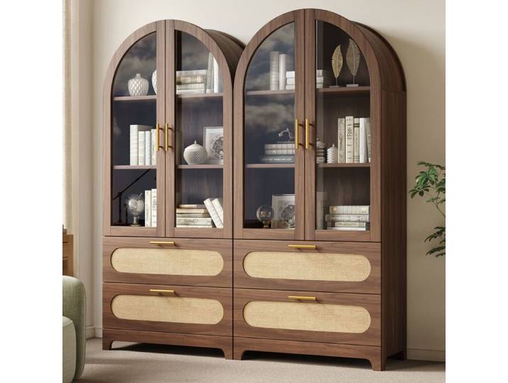 Vitrine bibliothèque arche Montmartre 175×80×40cm - 4 tiroirs - 6 étagères réglables - portes vitrées Marron