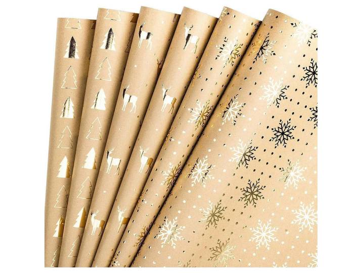 Geschenkpapier 6 Blatt Rolle Kraftpapier Goldfolie Weihnachtsbaum Rentier 44,5 x 76 cm, Mehrfarbig, Papier, 44.5x0.1x76 cm, Dekoration, Geschenkartikel, Geschenkbänder & Geschenkpapier