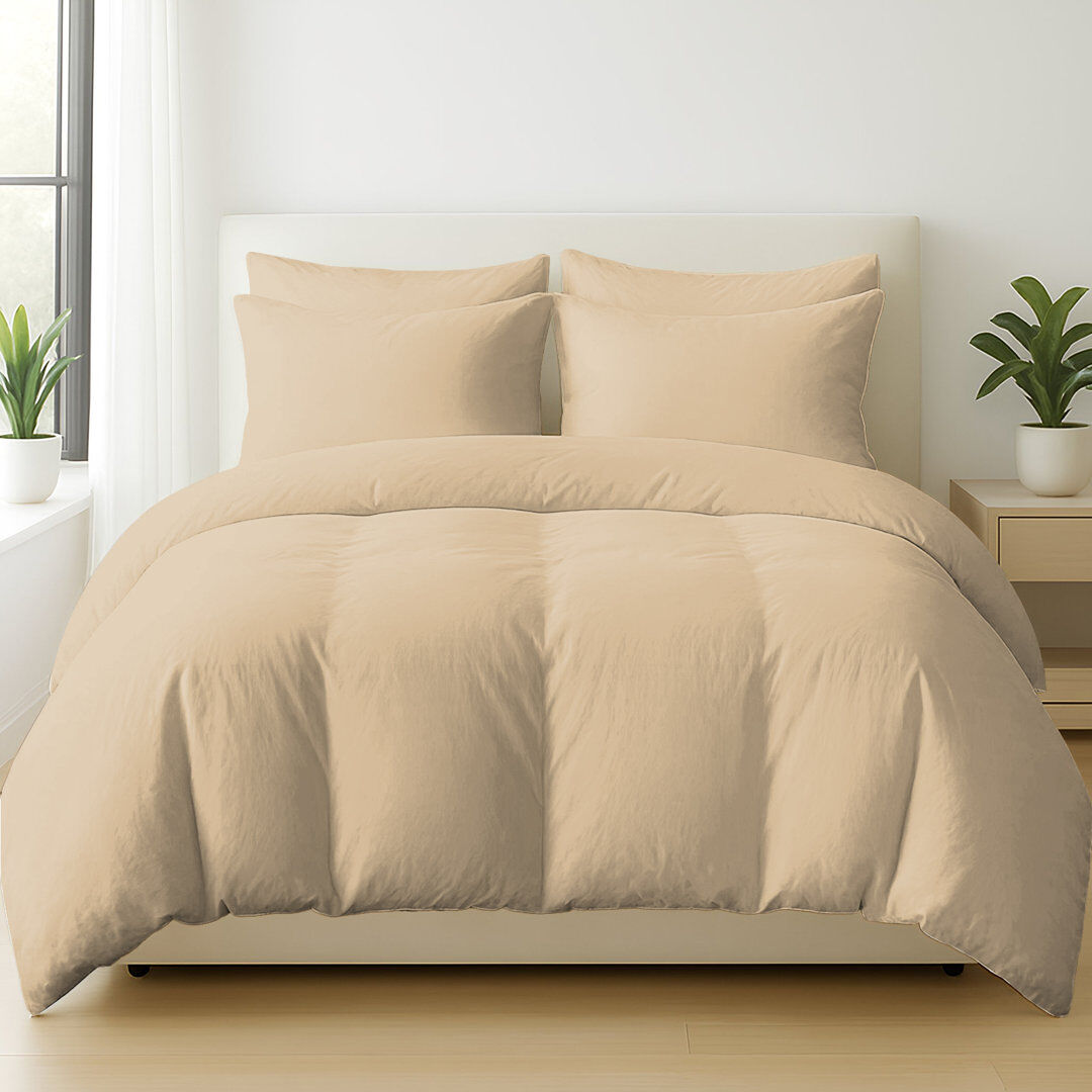 Pamposh Premium Egyptian Cotton 400TC Ultra-Soft Luxury Easy Care Duvet Cover Set with Fitted Sheet - Pillowcases - Breathable Fabric - Hypoallergenic - Zippe Beige Single