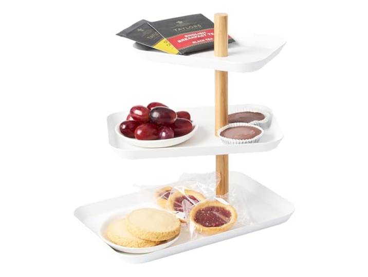 YAMAZAKI 1581 RIN 3Tiered Accessory Stand with Rotatable Trays, white, Steel/Wood, 25 x 16 x 25.5 cm