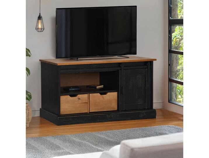 vidaXL TV-Schrank HALDEN mit Schiebetür Schwarz 110x40x60cm Massivholz