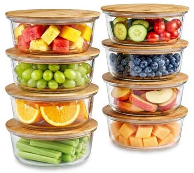 "Sorbus 8-Pack Glass Food Storage Containers with Bamboo Lids, Round, 4-Cup - 7"" D x 3"" H"