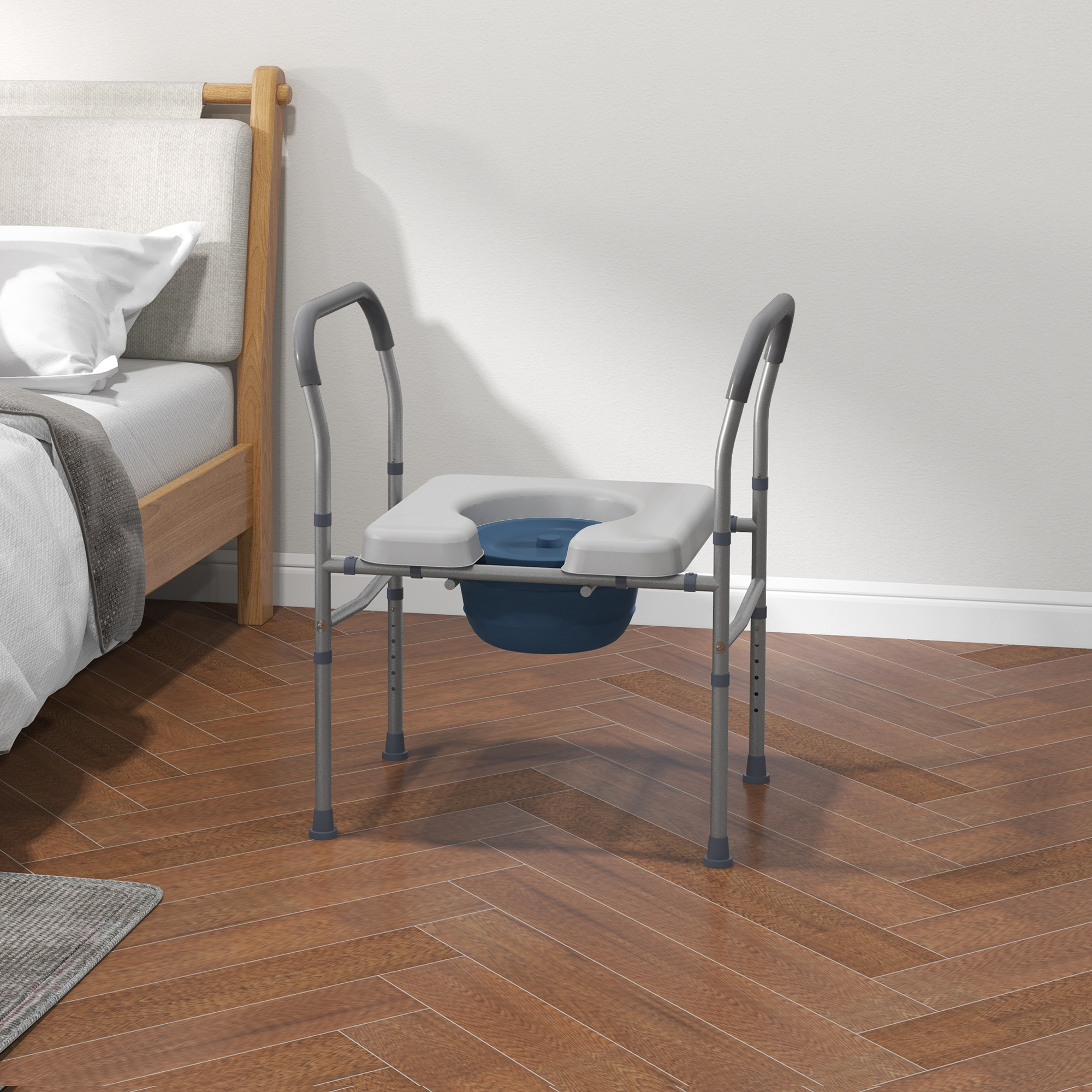Homcom Sedia Comoda WC 4 in 1 Regolabile in Altezza con Braccioli Imbottiti, Grigio Aosom
