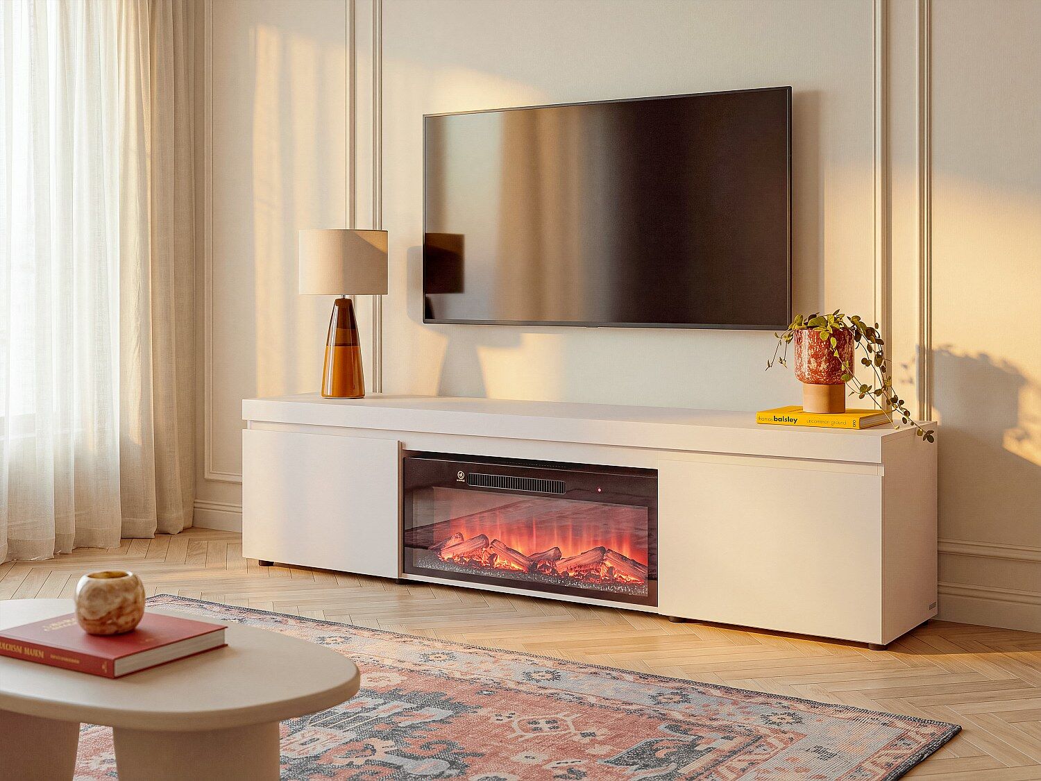 Unique Mueble de TV con 2 puertas y chimenea eléctrica integrada - Beige - ZORENO